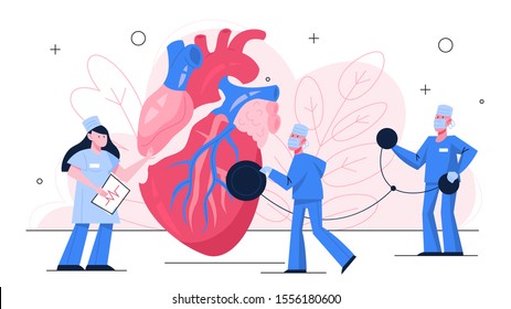 Heart checkup banner concept. Idea of health care and disease diagnosis. Doctor examine a heart with stethoscope. Cardiology specialist. Isolated vector illustration in flat style