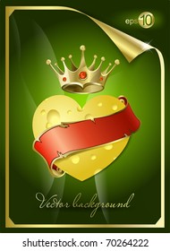 Heart from cheese and a gold crown. A vector illustration