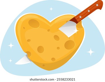 heart of cheese pierced with a knife, slicing cheese. Stock vector illustration