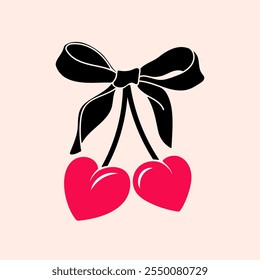 Corazón de cereza con arco. Lindo diseño de moda. Ballet, estampado de núcleo coqueta.