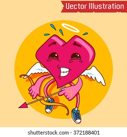 Heart cherub with bow and arrow. Vector illustration.