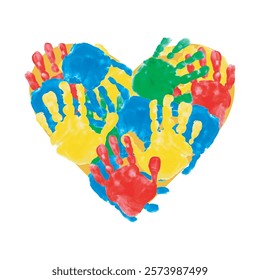 Heart of children's handprints. Vector illustration of chilren's palms on white backgound. International Children's Day. International Day of peace.