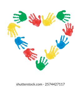 Heart of children's handprints. Vector illustration of chilren's palms on white backgound. International Children's Day. International Day of peace.