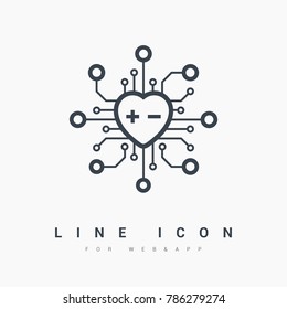 heart chip with plus and minus isolated line vector icon for websites and mobile minimalistic flat design.