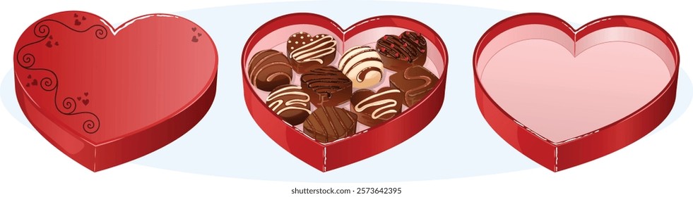 Heart Chocolate Box Collection with Filled and Empty Containers. Heart Round and Square Shaped Truffles and Candies Inside. Valentine's Day Festive Gift Box Vector Illustration  