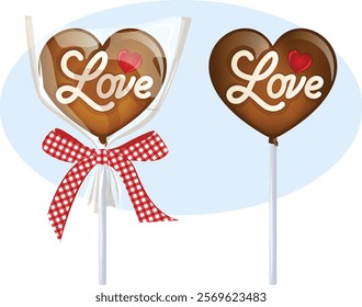 Heart Chocolate Pop with Love Icing. Ribbon and Plastic Wrapped Gift. Valentine's Day Treat Illustration.