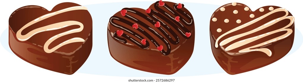 Heart Chocolate Set with White and Dark Chcolate Drizzle and Heart Sprinkles. Valentine Candies Detailed Illustration 