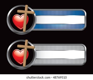 heart and Christian cross blue and silver checkered banners