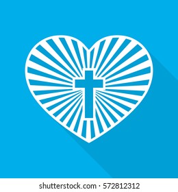 Heart with Christian cross inside. Vector illustration. Symbol of christian love with long shadow on blue background.. Christian symbol.