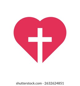 Heart with Christian cross in white. Love and faith concept icon.