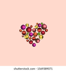 Heart of christmas round toys. Valentine day heart. New year heart of colorful balls