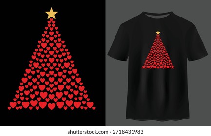 Projeto vetorial da árvore de Natal do coração, ilustração romântica da árvore de amor do feriado para os produtos da impressão da camisa e do inverno, arte festiva, projeto personalizável completo