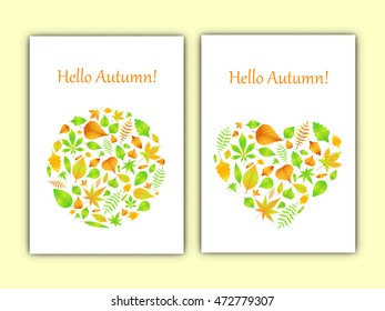 heart and circle of autumn leaves in vector card.
