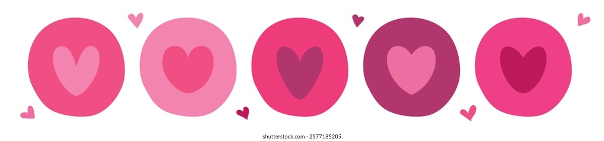 Heart in circle, bubble with heart in shades of pink. Icons set isolated on transparent background. For Valentines Day sticker, label, icon, design element of declaration of love