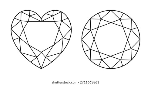 Herz, Kreis Diamant schneiden Form Symbole. Entwurfsdiagramm. Brillantes Herz, kreisförmiger modifizierter Schnitt. Set von Edelstein Umrissmuster für Schmuck-Design, Branding, Verpackung, Logo, Web, App.