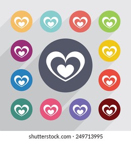heart circle, flat icons set. Round colorful buttons 