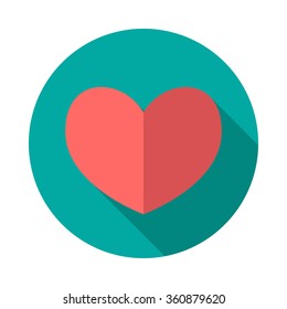 Heart circle icon with long shadow. Flat design style. Heart simple silhouette. Modern, minimalist, round icon in stylish colors. Web site page and mobile app design vector element.
