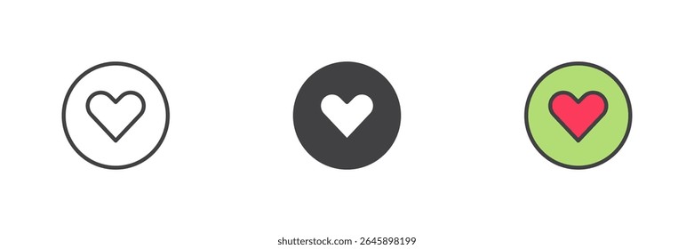 Heart in circle icon in three styles: line, solid, and colorful filled outline. Vector icon symbolizing love and affection. Color glyph sign pack.