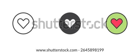 Heart in circle icon in three styles: line, solid, and colorful filled outline. Vector icon symbolizing love and affection. Color glyph sign pack.