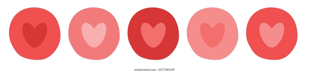 Heart in circle set, bubble with heart in different shades of red, set of icons isolated on transparent background. For Valentines Day sticker, label, icon, design element of declaration of love