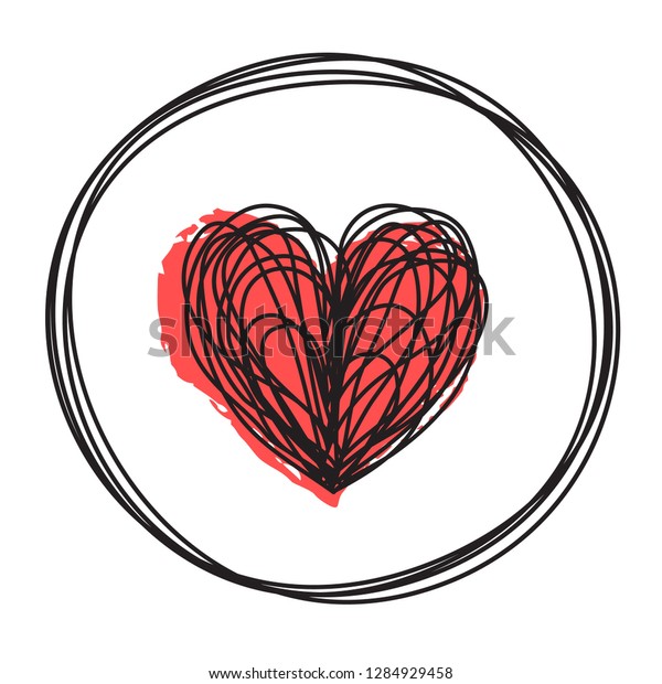 Heart in circle shaped tangled grungy\
scribble hand drawn with thin line, divider shape. Isolated on\
white background. Vector\
illustration