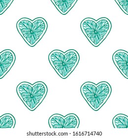 Heart citrus pattern. Stylized fruit in the shape of a heart. Seamless citrus heart-like background. The love of fruit. Valentine's Day. Hand drawing. Background for design of gift wrapping.