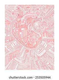 Heart of the city a Hand drawn vector illustration or drawing of a heart and urban or city symbols