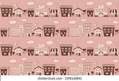 Heart cityscape. Background, textile, seamless pattern.