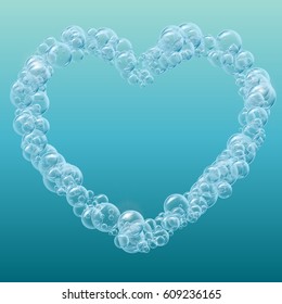 Heart of cleaning foam or shampoo bubbles. Template for web site background, flyer, banner. Good for aqua park, swimming pool, diving club design. Deep sea with bubbles and sprays underwater.