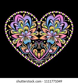 Heart cliche. Ethnic colotful floral template for design, for embroidery. Vector print.