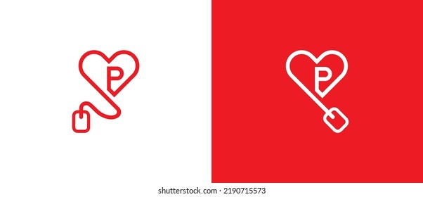 Heart Click Logo Concept sign icon symbol Design Line Art Style with Letter P. Love, Online Shopping Logotype. Vector illustration logo template