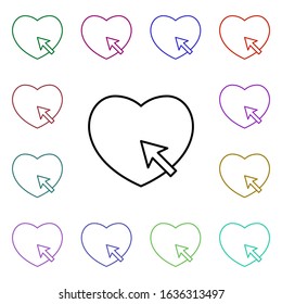 Heart click with mouse arrow pointer multi color style icon. Simple thin line, outline vector of heartbeat icons for ui and ux, website or mobile application