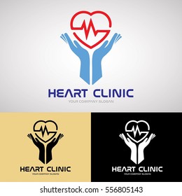Heart Clinic Logo Design for Medical Business, Clinic, Health Care, Hand, Heart, Safety Life, Emergent, etc. Vector Logo Template.