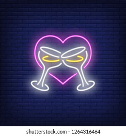 Heart and clinking wineglasses neon sign. Saint Valentine Day or wedding design element. Night bright neon sign, colorful billboard, light banner. Vector illustration in neon style.