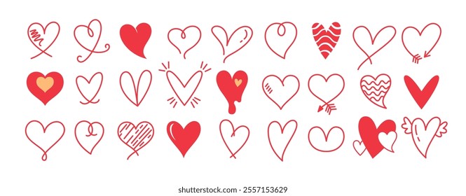 Heart clipart shape outline set. Red love heart clip art icon hand drawn collection in doodle sketch graphic sign for valentine's day. Vector illustration valentine drawing style symbol.
