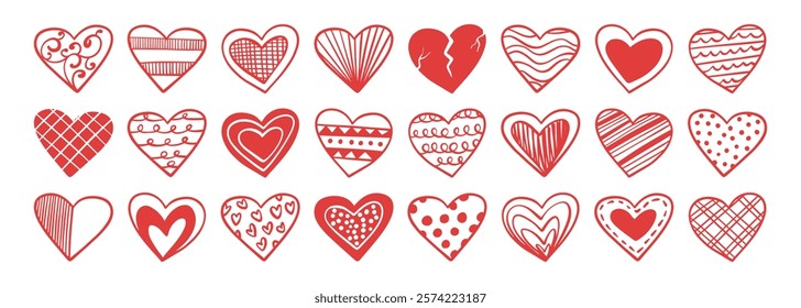 Heart clipart shape outline set. Red love heart clip art icon hand drawn collection in doodle sketch graphic sign for valentine's day. Vector illustration valentine drawing style symbol