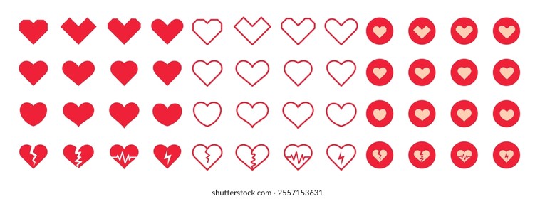 Heart clipart shape set. Red love heart icon drawing for valentine, wedding, anniversary and engagement romantic clip art outline elements. Vector illustration flat symbol collection.

