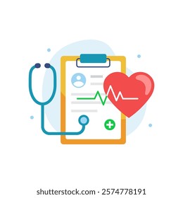 Heart, clipboard with stethoscope concept illustration. Medical check form report, healthy hearth check up. Simple and modern graphic elements