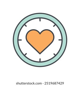 Herzuhrsymbol. Eine Uhr mit einem Herz in der Mitte. Stellt Liebe, Zeit und die Wichtigkeit der Fürsorge dar.