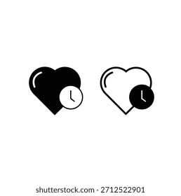El icono de corazón con reloj combina el símbolo de afecto o favoritos con el elemento de tiempo, a menudo utilizado para significar cosas relacionadas con límites de tiempo, vencimiento favorito o recordatorios emocionales