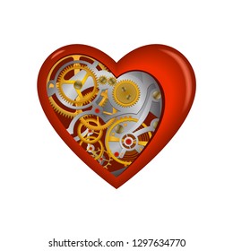 Heart with a clock mechanism inside. Isolated object.