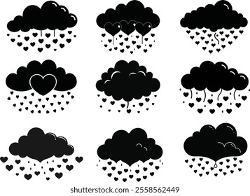 Heart Cloud Raining Love Silhouette Icon Vector Set On White Background.