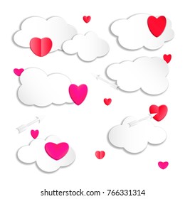 Heart in the clouds in the sky with arrows. You can text in the cloud. Paper cut style. Vector illustration.