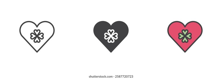 Heart with a clover different style icon set. Line, glyph and filled outline colorful version, outline and filled vector sign. Symbol, logo illustration. Vector graphics