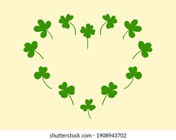 Heart with clover leaves.Magical plant. Decoration for St. Patrick's Day with trefoils and quatrefoils. Shamrock. Irish story. Isolated. Vector illustration