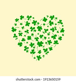 Heart with clover leaves.Magical plant Shamrock. Decoration for St. Patrick's Day with trefoils and quatrefoils. Irish story. Isolated. Vector illustration