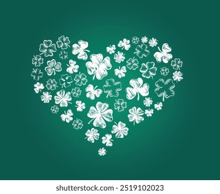 Heart of clover on green background. Patrick's day. Hand drawn style. Vector illustration.
