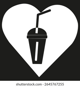 Heart cocktail icon. Party love symbol. Vector drink design. Black background shape.