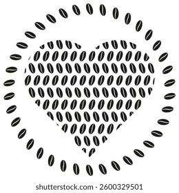 Heart coffee beans. Circular seed frame. Abstract love symbol. Vector pattern design.