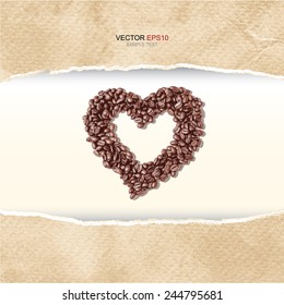 Heart of coffee beans in frame of ripped vintage paper texture. Vector illustration.